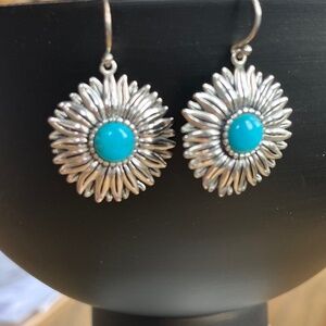 Vintage sterling silver flower earrings with turquoise center, boho floral 925